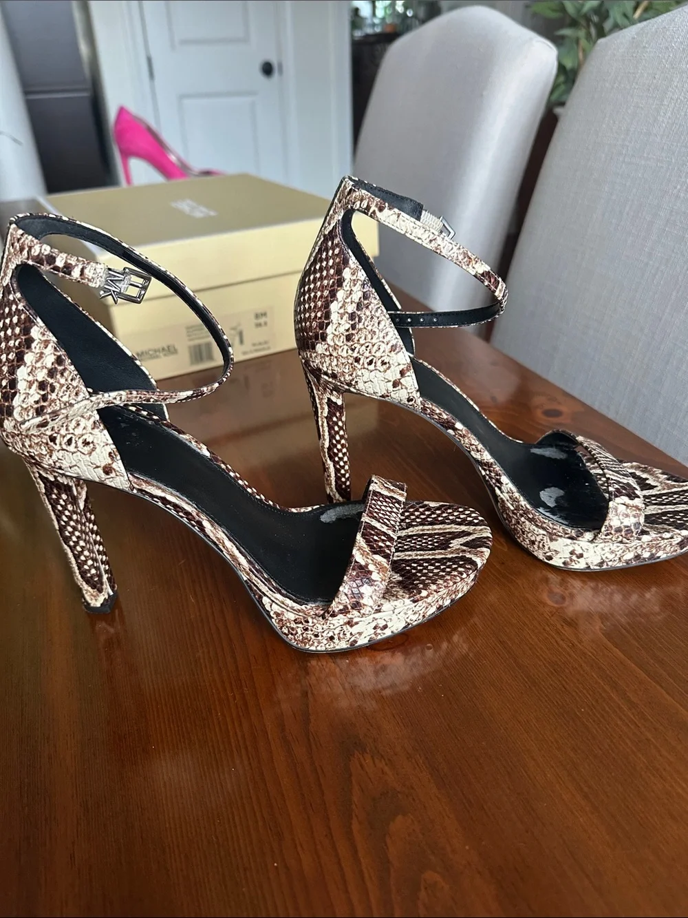 Michael Kors Margot Embossed Leather Snake-Print Ankle-Strap Platforms